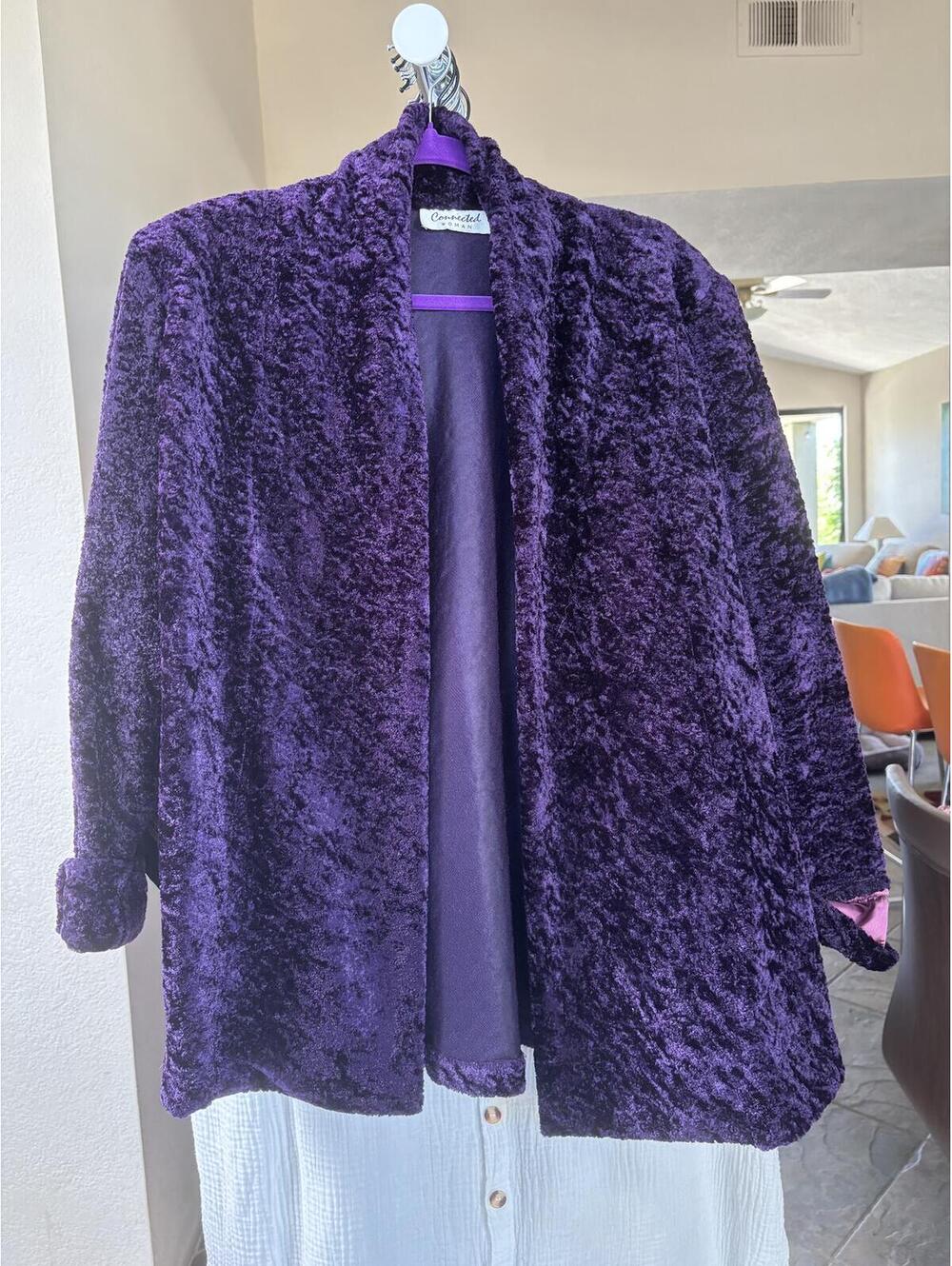 Purple Faux Fur Crushed Velvet Coat Jacket By Connected Woman XL
